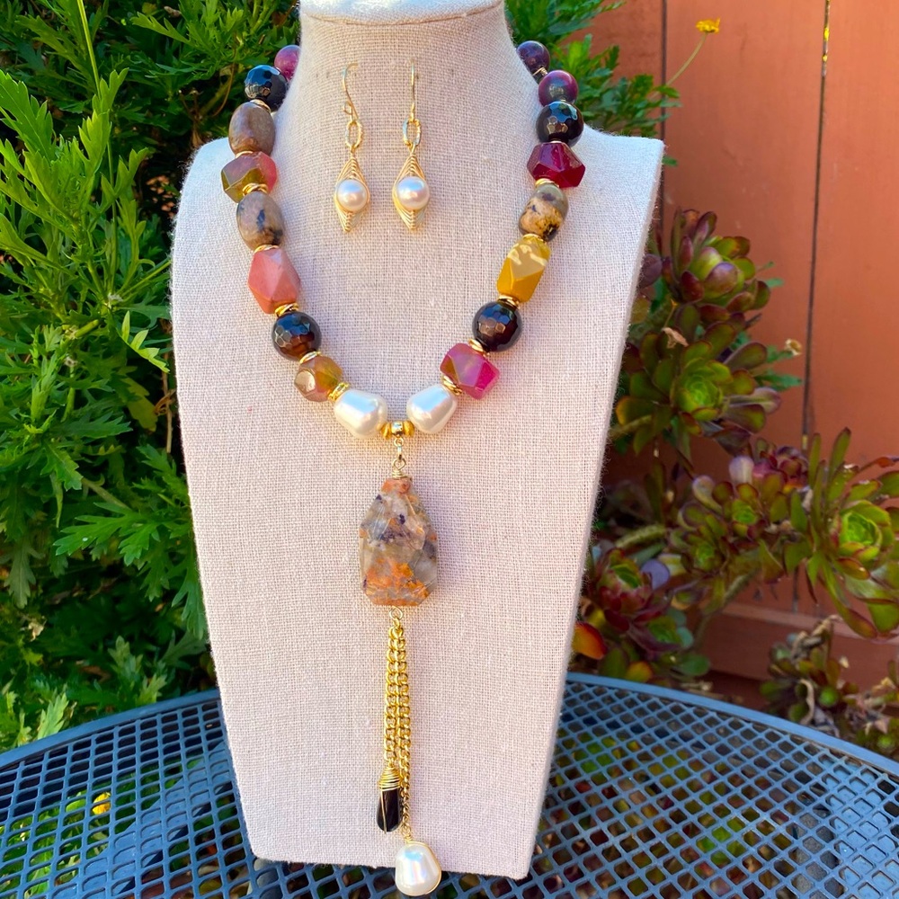 Chunky handcrafted natural stone necklace and earrings set